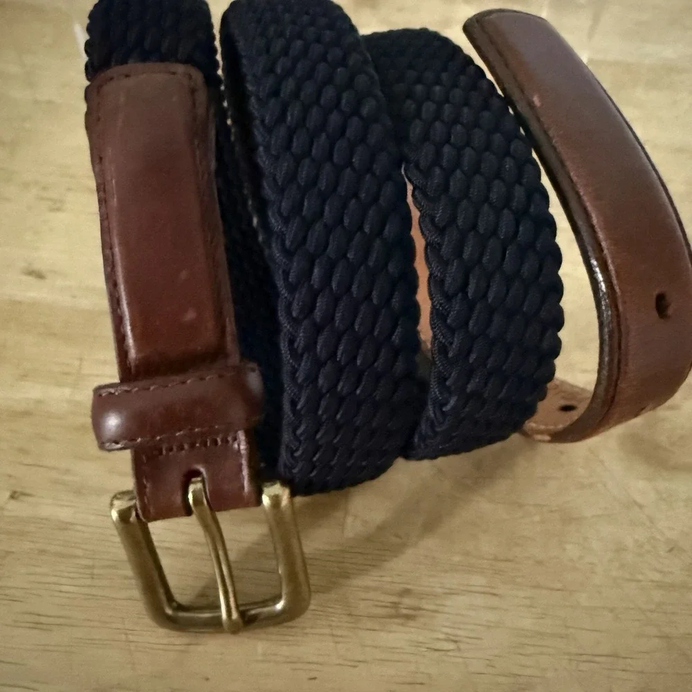 Orvis Braided Stretch Belt Mens 40 Navy Elastic Woven Brown Leather Casual Brass